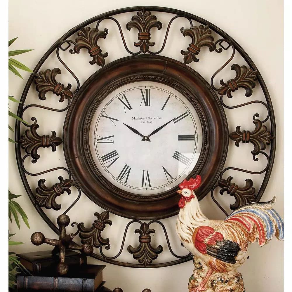 LITTON LANE 38 in. Traditional Fleur-De-Lis Iron Wall Clock - Distressed Bronze Finish