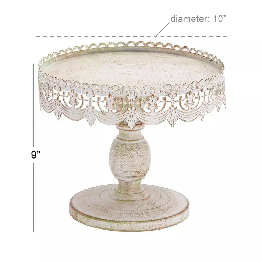 LITTON LANE 10 in. Round Whitewashed and Rust Brown Iron Cake Stand with Pierced Floral Bunting