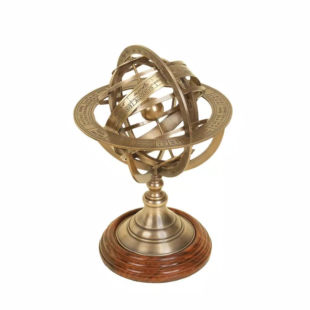 LITTON LANE Nautical Brass Armillary Sphere with Cherry Wood Finish Stand