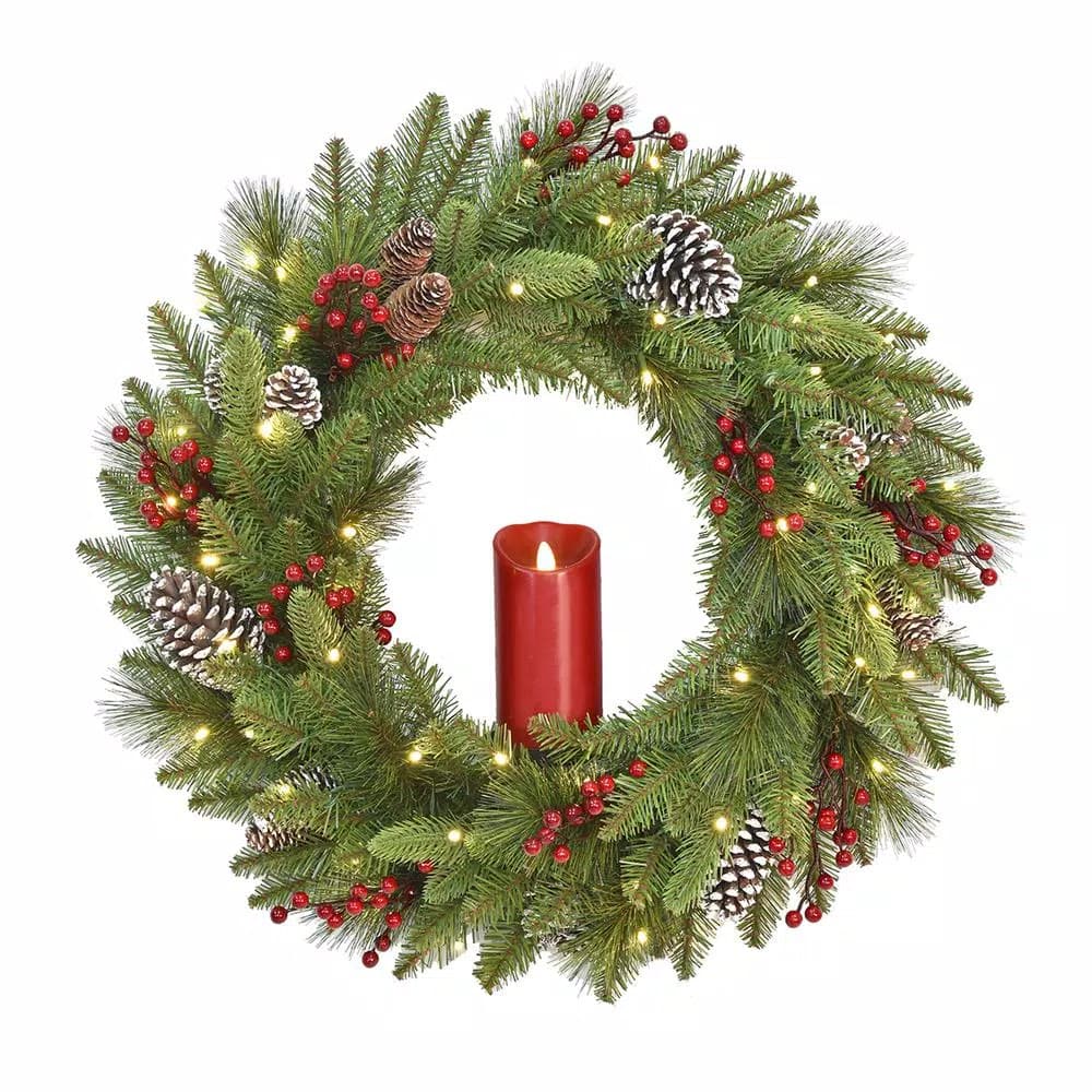 National Tree Company 24 in. Feel Real Bristle Berry Wreath with 50 LED Lights and Red Electronic Candle