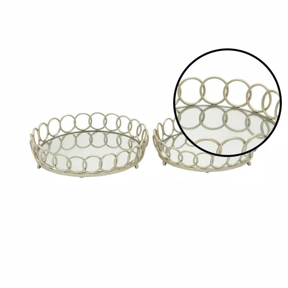 LITTON LANE Modern Reflections Silver Round Mirror Ring Trays, Set of 2