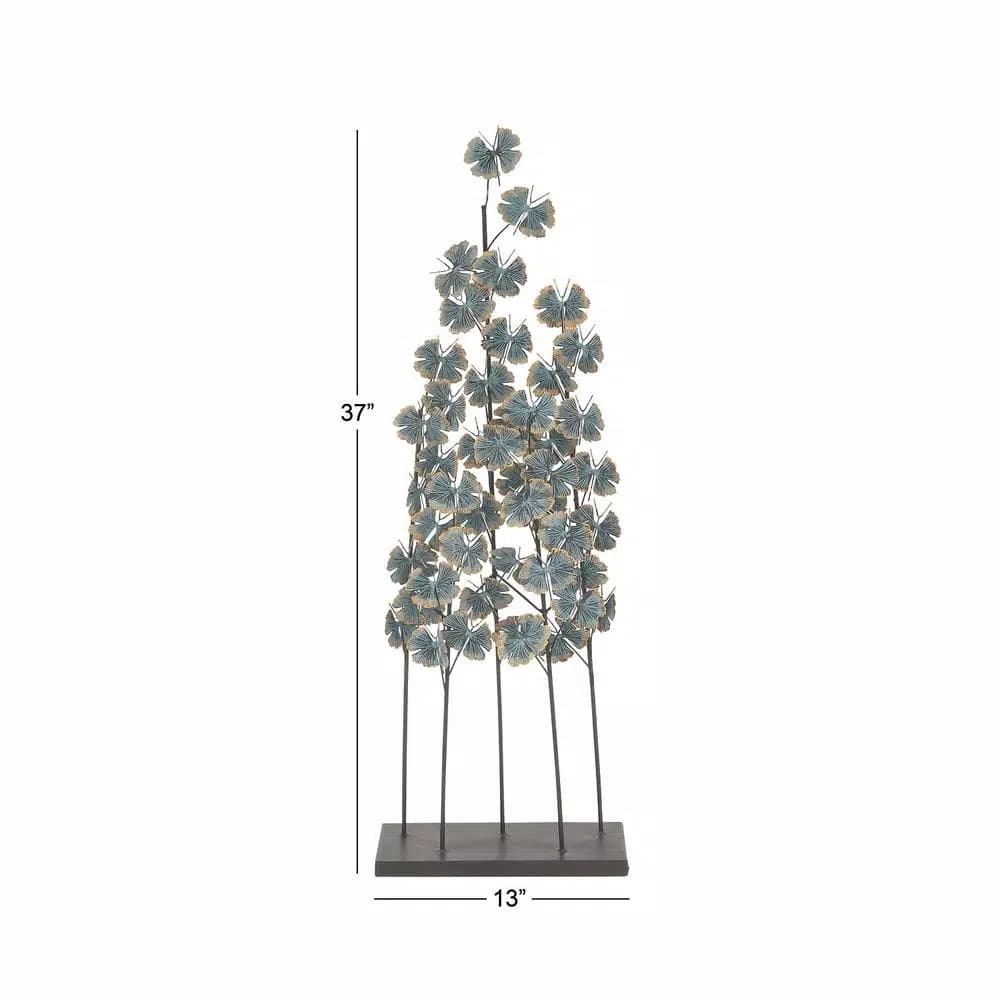 LITTON LANE Iron Metal Turquoise Ginkgo Leaves Sculpture with Gold Outline and Rectangular Base