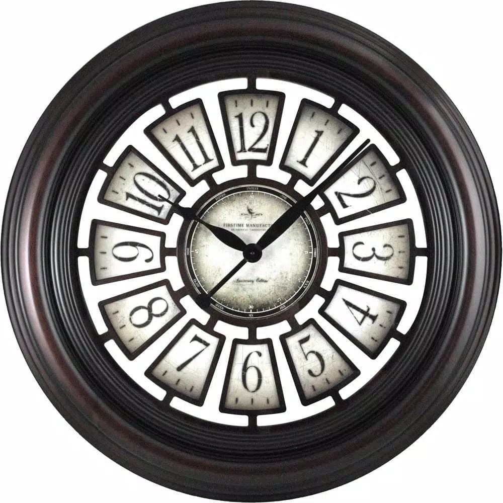 FirsTime Majestic 29 in. Round Hollow Wall Clock, Aged Espresso Brown