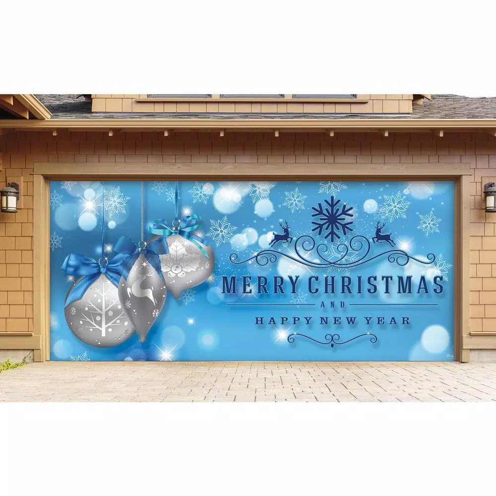 My Door Decor 7 ft. x 16 ft. Silver Christmas Ornaments on Blue Garage Door Mural