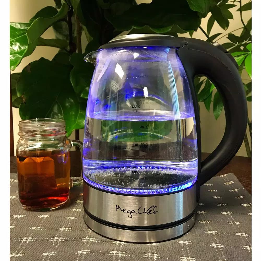 MegaChef 1.7L Glass and Stainless Steel Electric Tea Kettle, 7-Cup Capacity