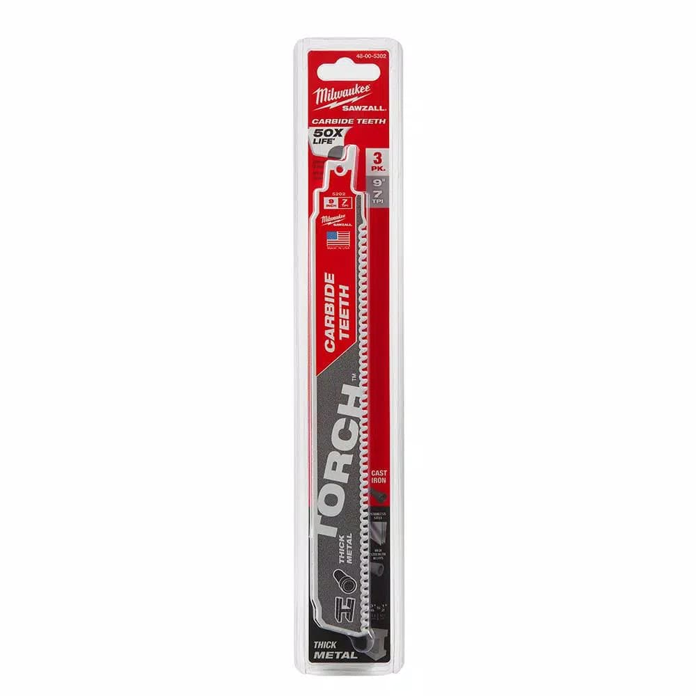 Milwaukee TORCH 9 in. Carbide Teeth Reciprocating Saw Blades, 7 TPI for Thick Metal Cutting (3 Pack)