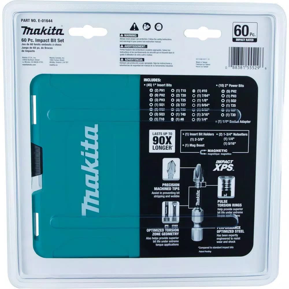 Makita ImpactXPS 60-Piece Impact Rated Bit Set, Hex Shank Alloy Steel Screwdriver Bits
