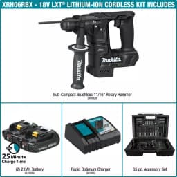 Makita 18V LXT Sub-Compact Brushless SDS-PLUS Rotary Hammer Kit with 2.0 Ah Battery & 65 Pc. Accessory Set thumbnail 4