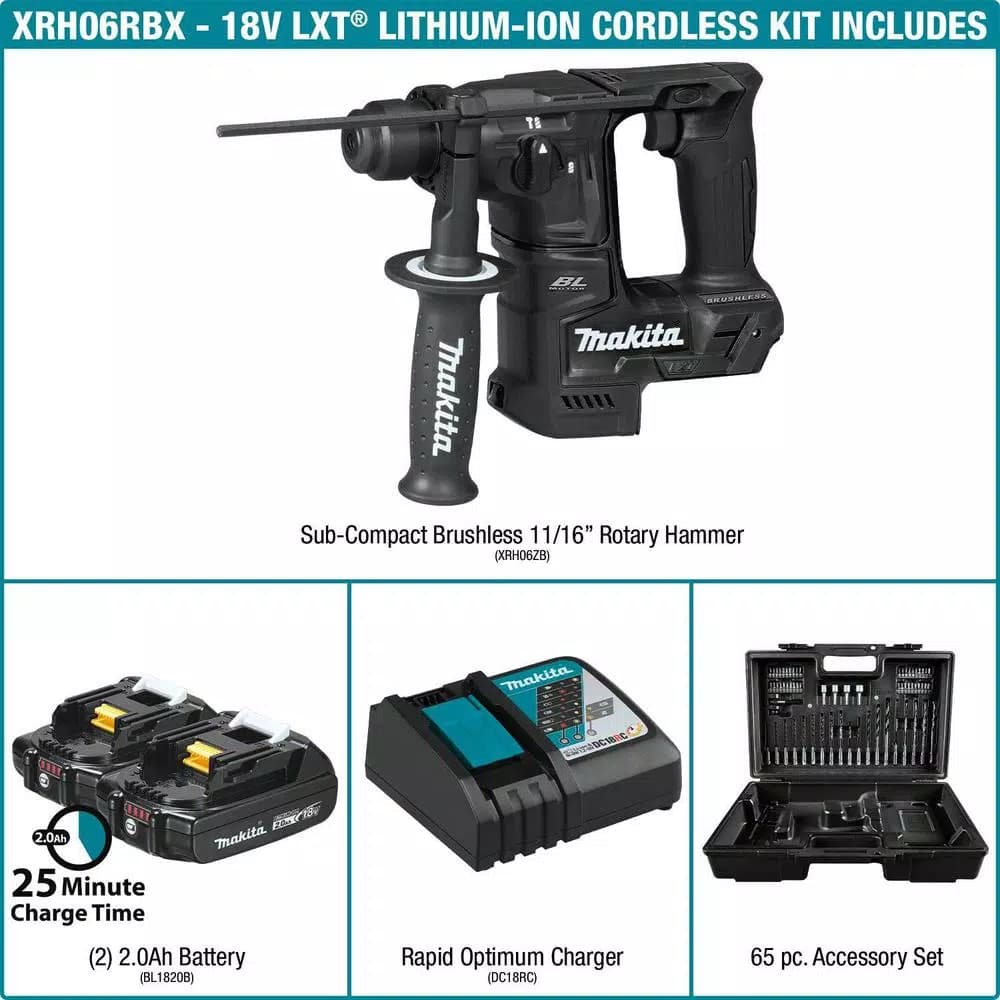 Makita 18V LXT Sub-Compact Brushless SDS-PLUS Rotary Hammer Kit with 2.0 Ah Battery & 65 Pc. Accessory Set