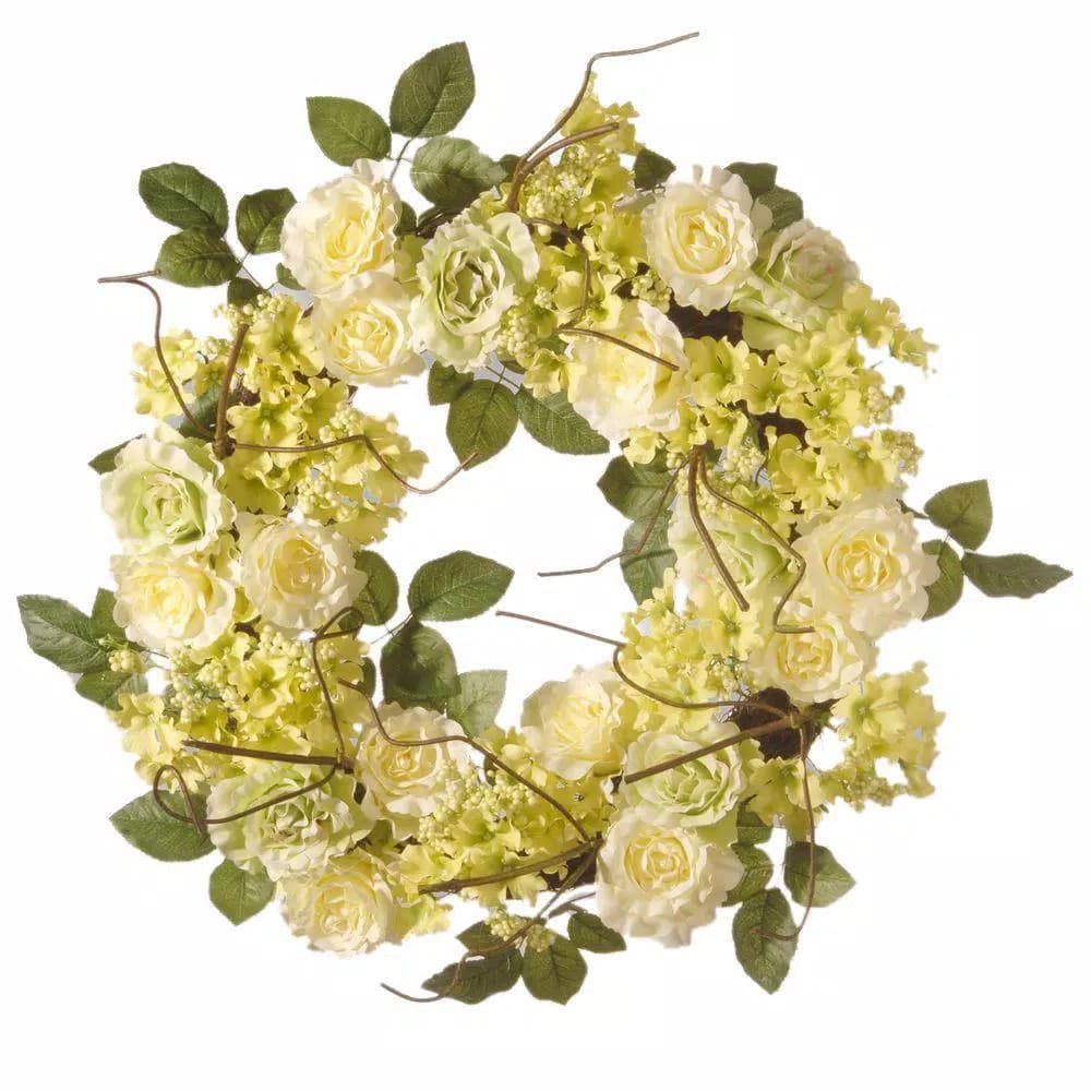 National Tree Company 24 in. Green and Cream Rose Wreath with Yellow Flowers and Berries