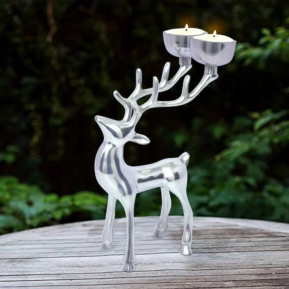 Unbranded 8.5 in. Silver Aluminum Reindeer Tea Light Candle Holder - Set of 1