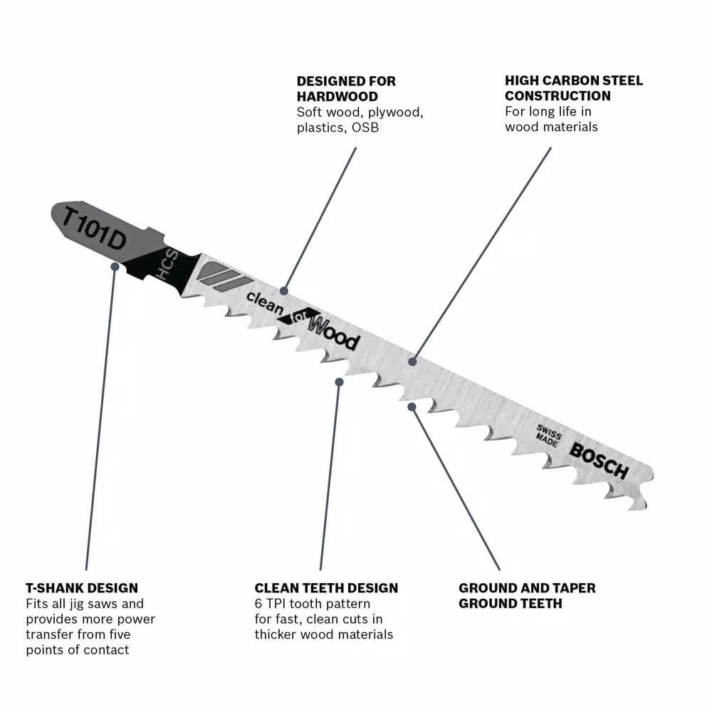 Bosch 4 in. High Carbon Steel T-Shank Jig Saw Blades for Wood, 6 Teeth (5-Pack)