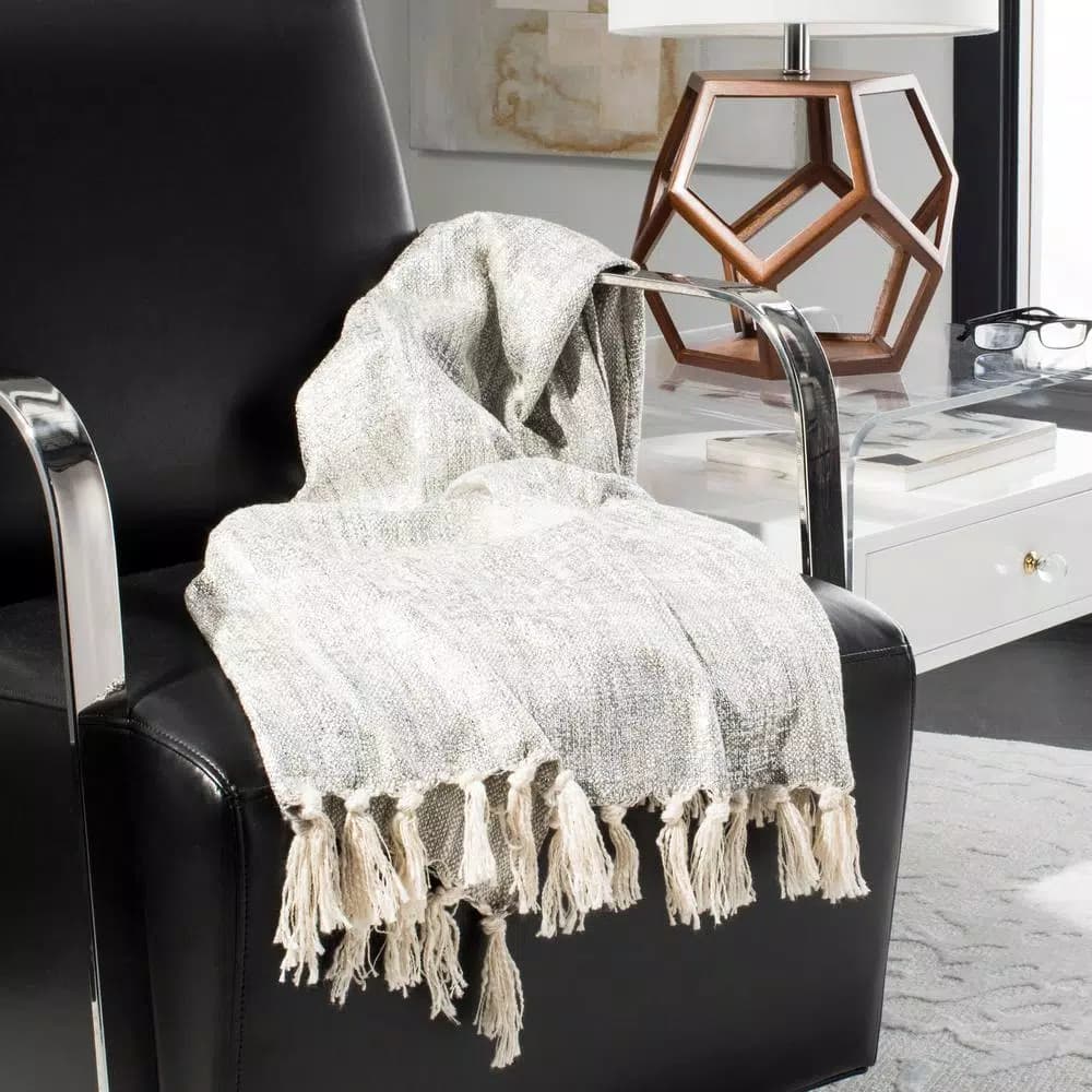 Safavieh Jacqui Grey and Silver Metallic Abstract Cotton Throw Blanket with Fringe