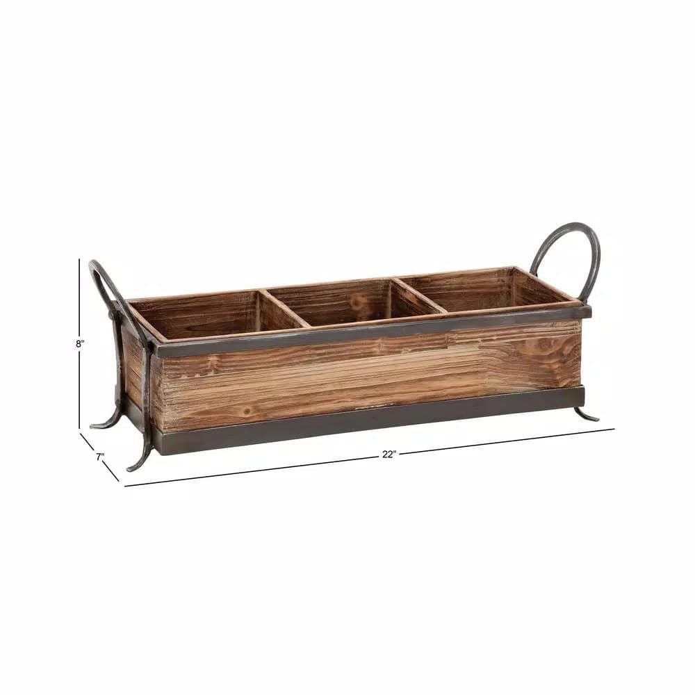 LITTON LANE Rustic Elegance 23" Wood and Iron 3-Compartment Rectangular Farmhouse Tray