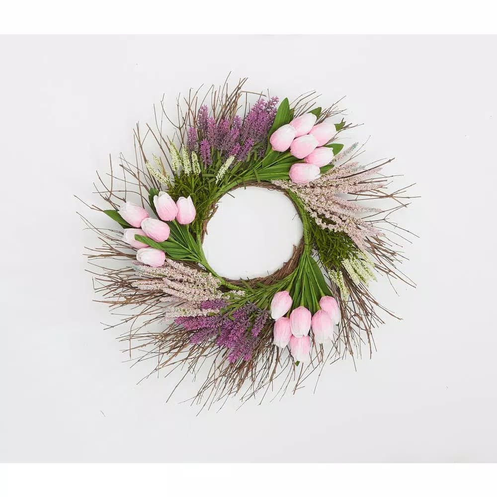 Worth Imports 22 in. Pink and Purple Tulip and Lavender Silk Wreath on Natural Twig Base