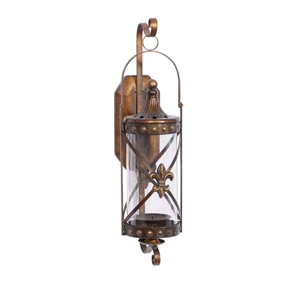 LITTON LANE Old World Riveted Burnished Bronze Iron Candle Sconce with Fleur-de-lis Motif