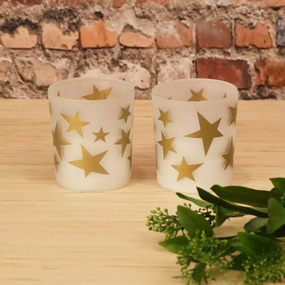 LUMABASE Gold Stars Battery Operated LED Candles with Frosted Glass, 2-Count