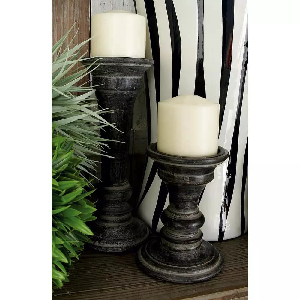 LITTON LANE Distressed Black Mango Wood Candle Holder Set of 3 - Rustic Tapered Design