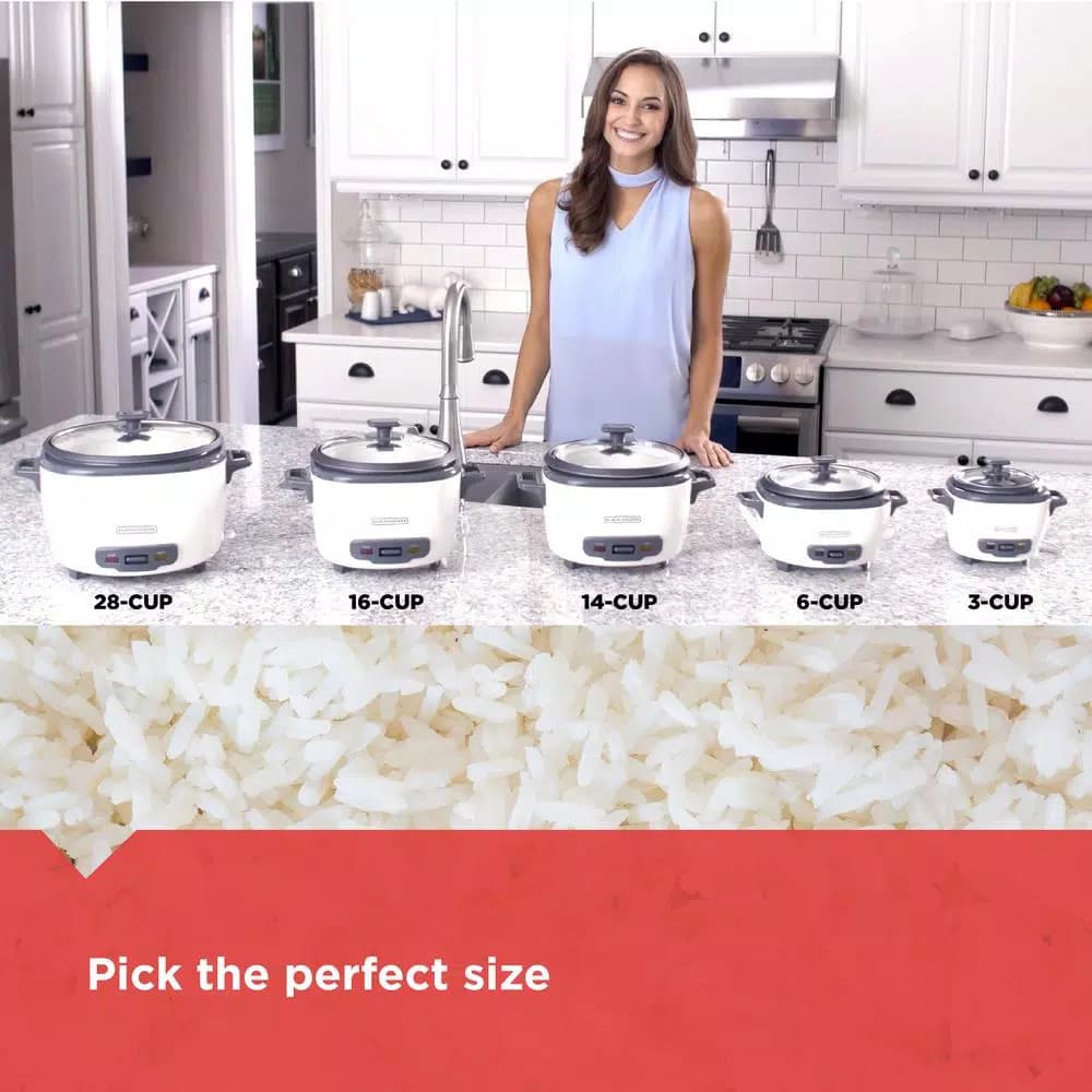BLACK+DECKER 3-Cup White Electric Rice Cooker with Steaming Basket and Non-Stick Pot