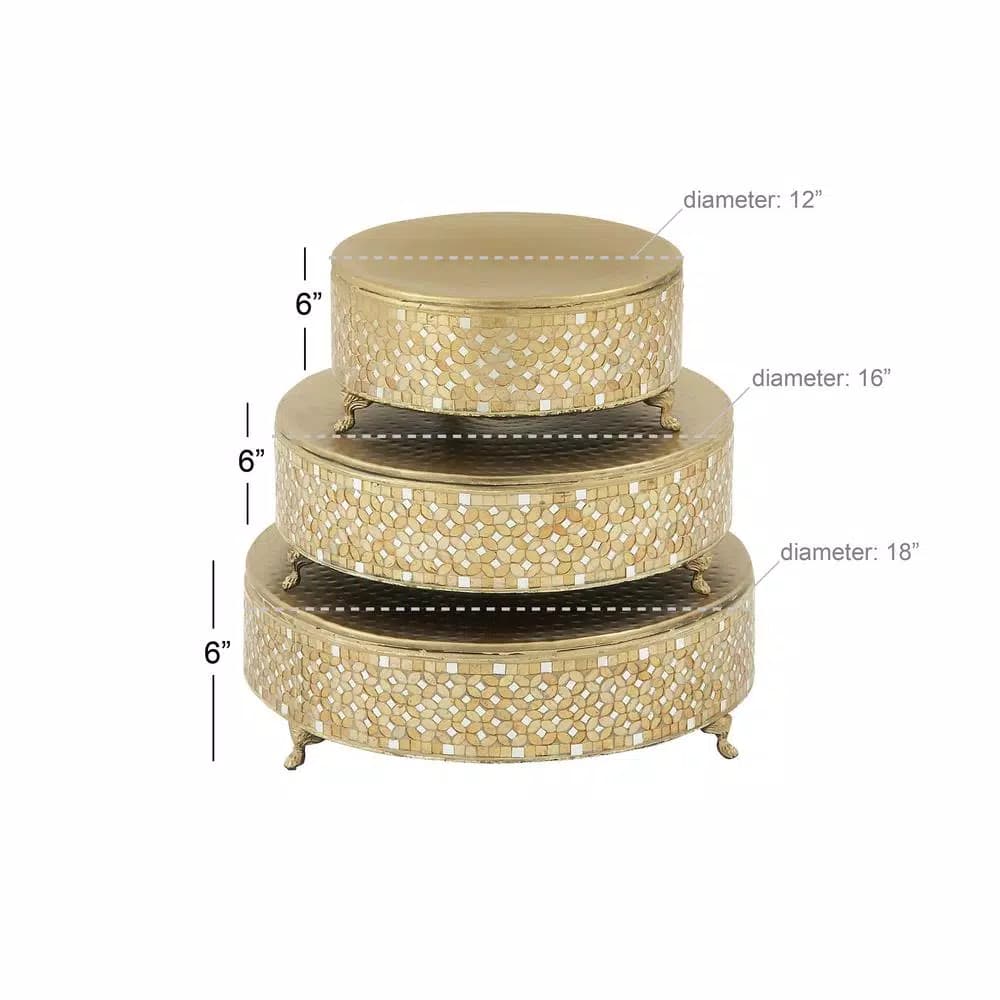 LITTON LANE Gold Iron and Glass Mosaic Round Cake Stand Set of 3