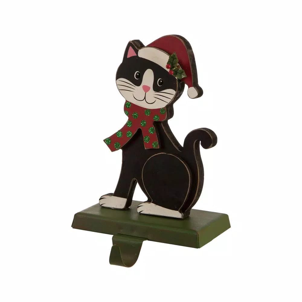 Glitzhome 7.76 in. Wooden Metal Cat Christmas Stocking Holder