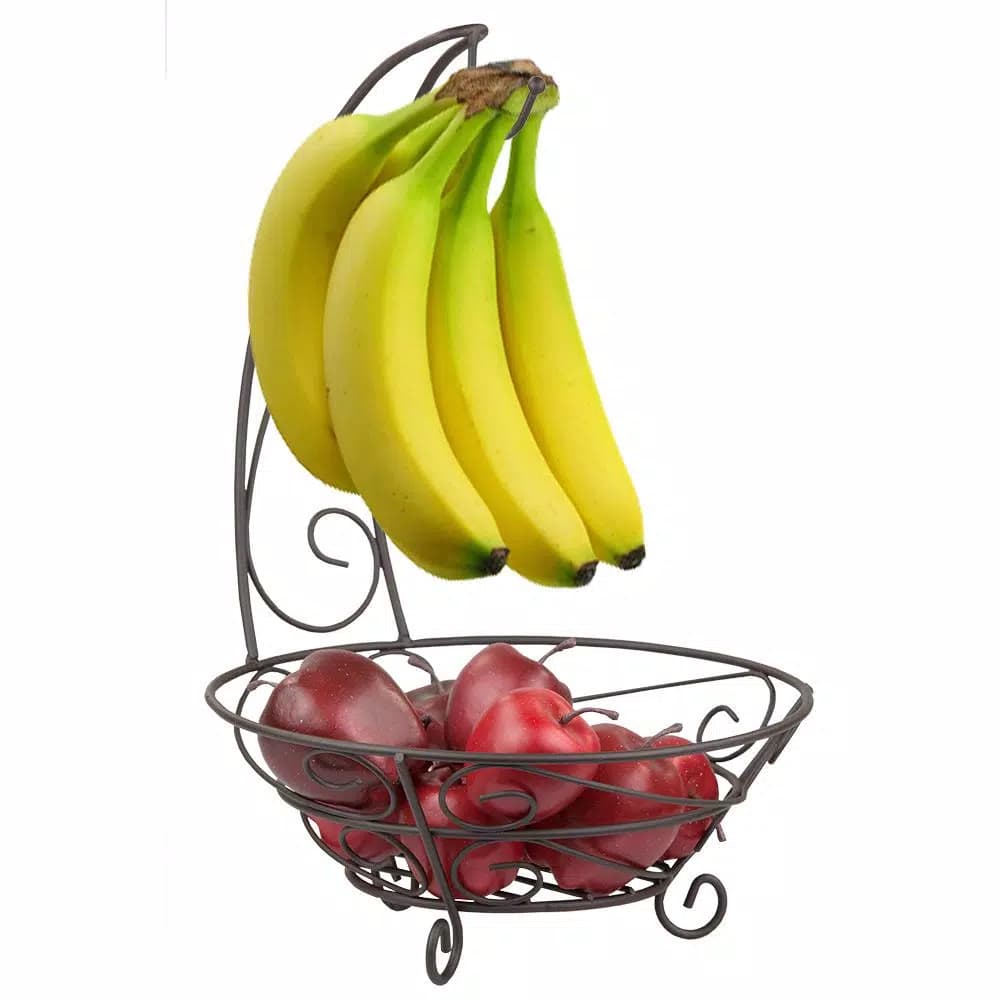 Home Basics Bronze Fruit Basket with Banana Tree Stand, Elegant Scroll Design Steel Fruit Bowl