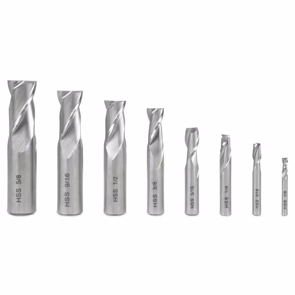 WEN 8-Piece 2-Flute High Speed Steel (HSS) End Mill Set, Imperial Sizes 1/8 in. to 5/8 in.