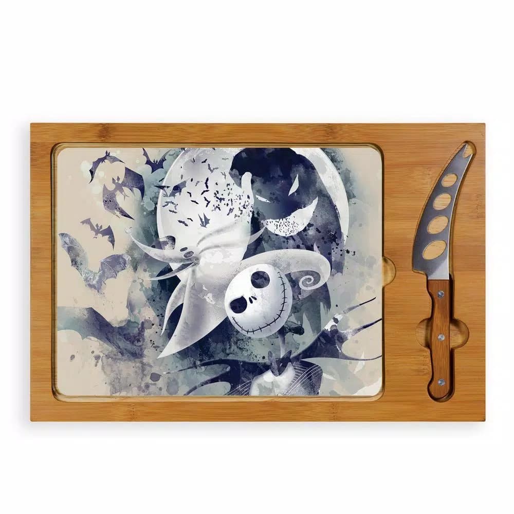 TOSCANA Jack and Zero Icon Glass Top Serving Tray and Cheese Knife Set, Rubberwood & Bamboo