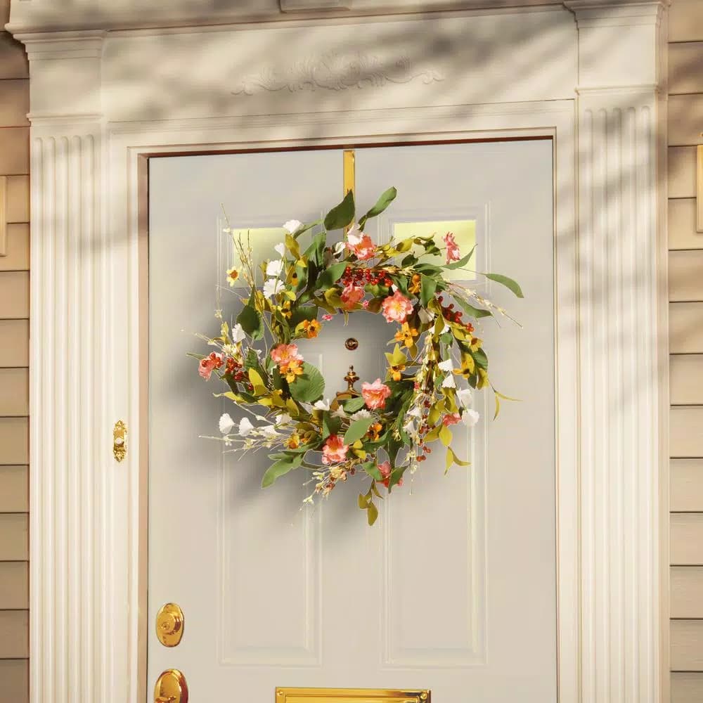 National Tree Company 22 in. Mixed Flower Wreath with Red Berries and Leafy Stems, Multi-Colored