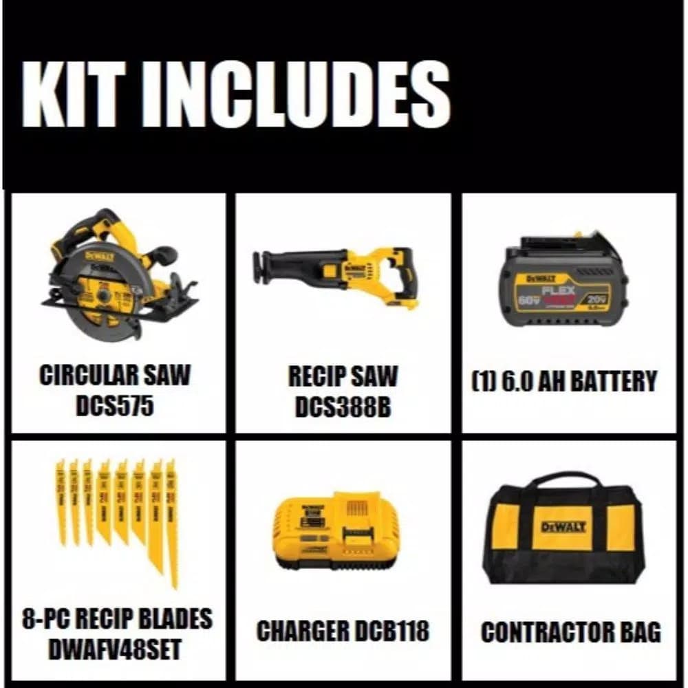 DEWALT DCS575T1 FLEXVOLT 60V MAX 7-1/4 in. Brushless Circular Saw Kit with 6.0Ah Battery & Recip Saw Bonus