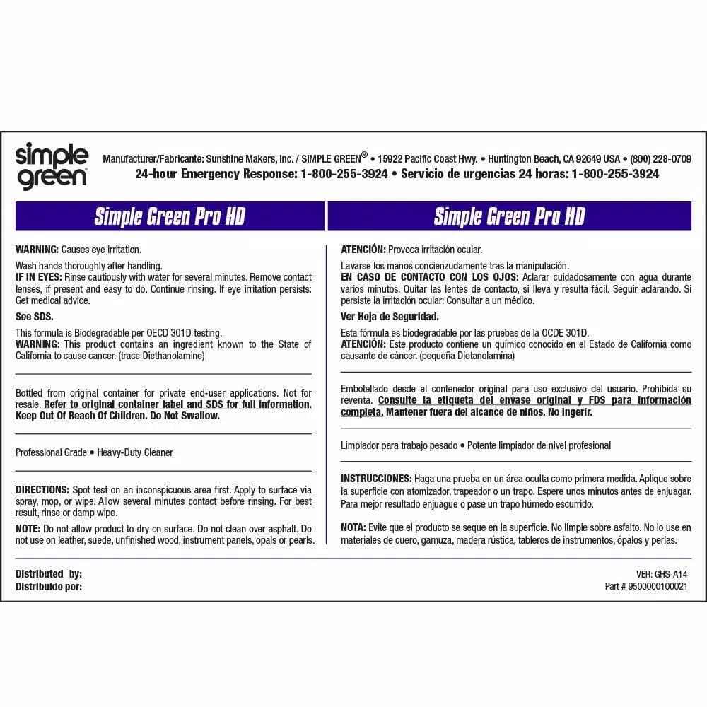 Simple Green Pro HD Secondary Labels, Bilingual English/Spanish (10 Pack)