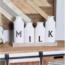 LITTON LANE Rustic Reflections Farmhouse Decorative Wood Tray with 4 Distressed White Milk Bottles thumbnail 1