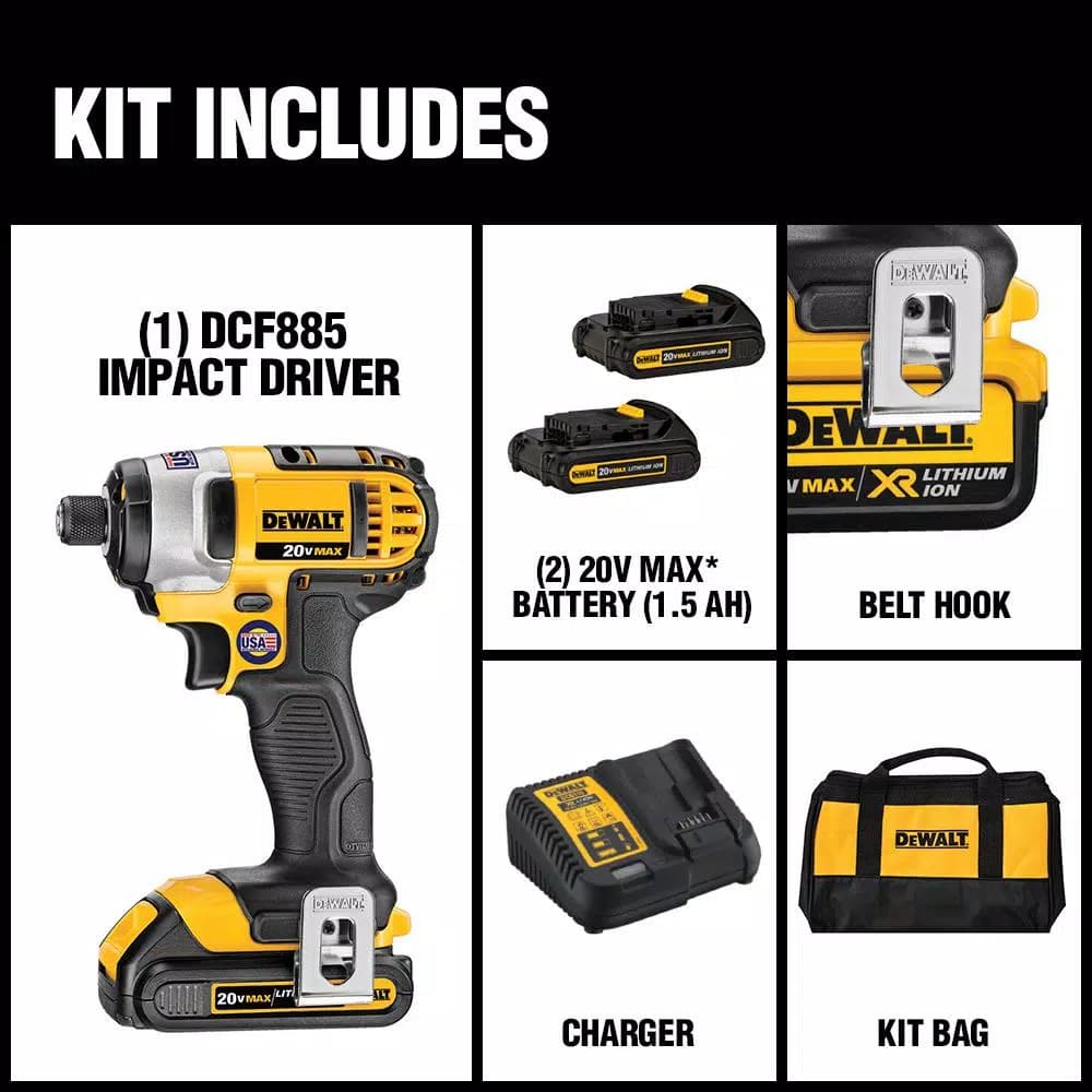 DEWALT 20V MAX Cordless 1/4 in. Impact Driver Kit with (2) 1.5 Ah Batteries, Charger & Bag