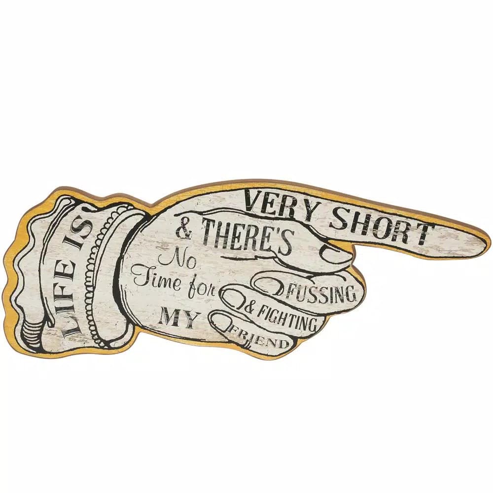 3R Studios Life is Short Hand Shaped Wood Sign Wall Art - Distressed Ivory & Black