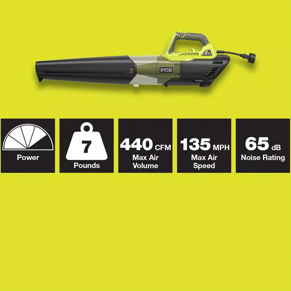 RYOBI 8 Amp Corded Electric Jet Fan Blower, 135 MPH, 440 CFM Handheld Leaf Blower