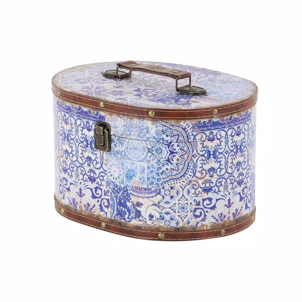 LITTON LANE Vintage Oval Wood and Faux Leather Case-Style Storage Boxes with Lids (Set of 2)