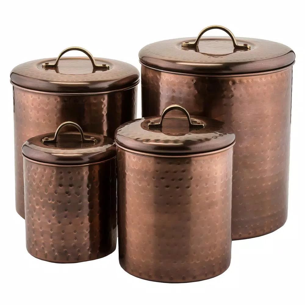 Old Dutch 4-Piece Hammered Antique Copper Canister Set with Fresh Seal Covers