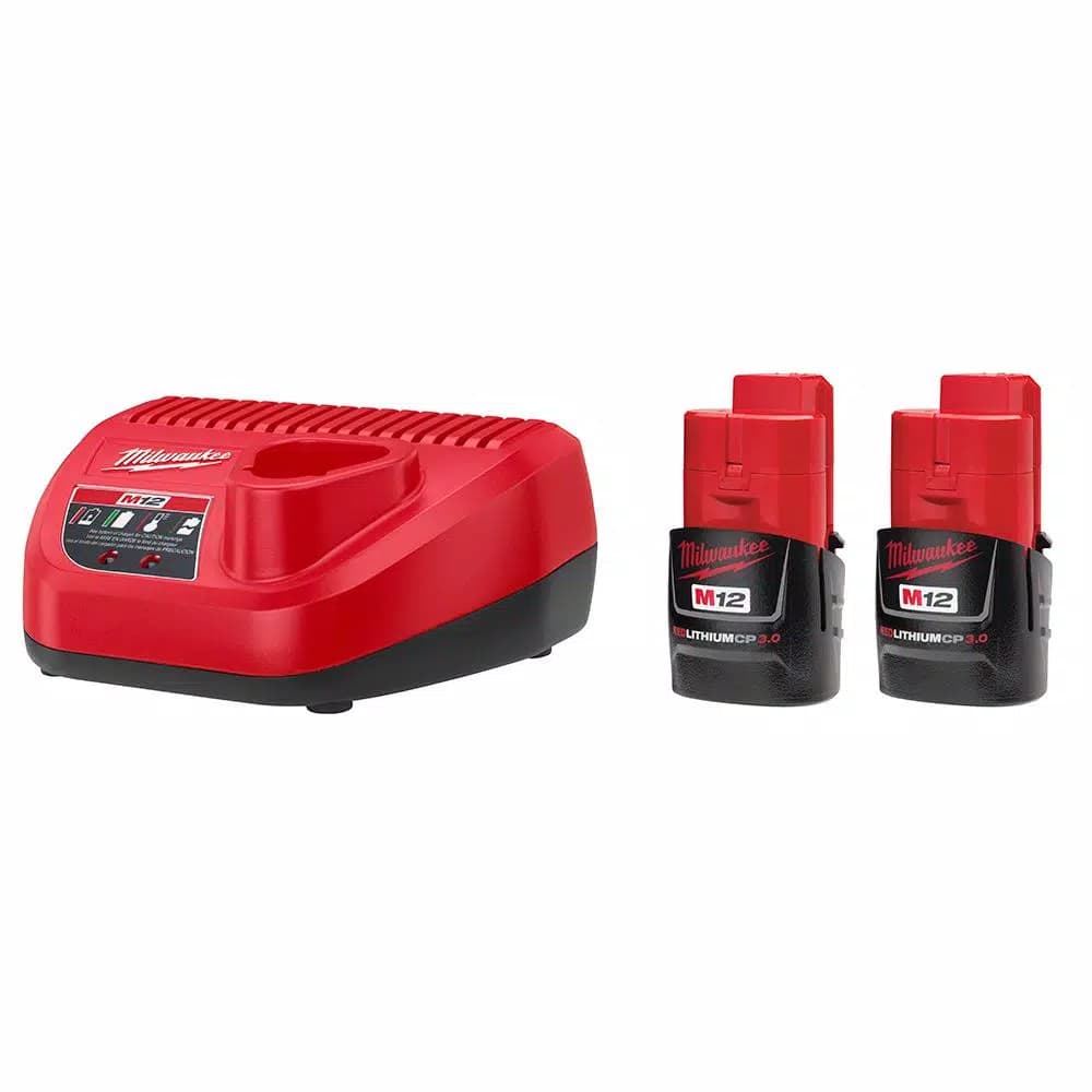 Milwaukee M12 12V Lithium-Ion Battery and Charger Starter Kit with Two 3.0 Ah REDLITHIUM 2.0 Battery Packs
