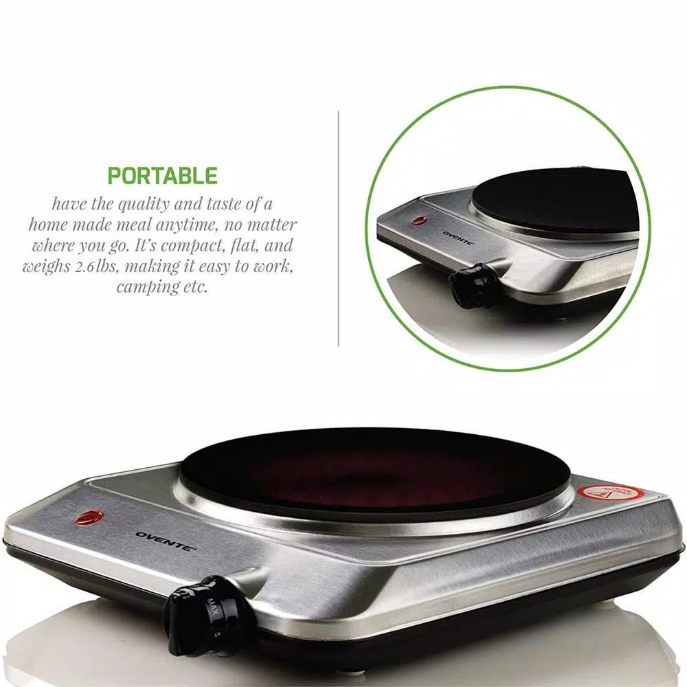 Ovente 1000W Electric Infrared Single Burner Cooktop, Silver Ceramic Glass Hot Plate