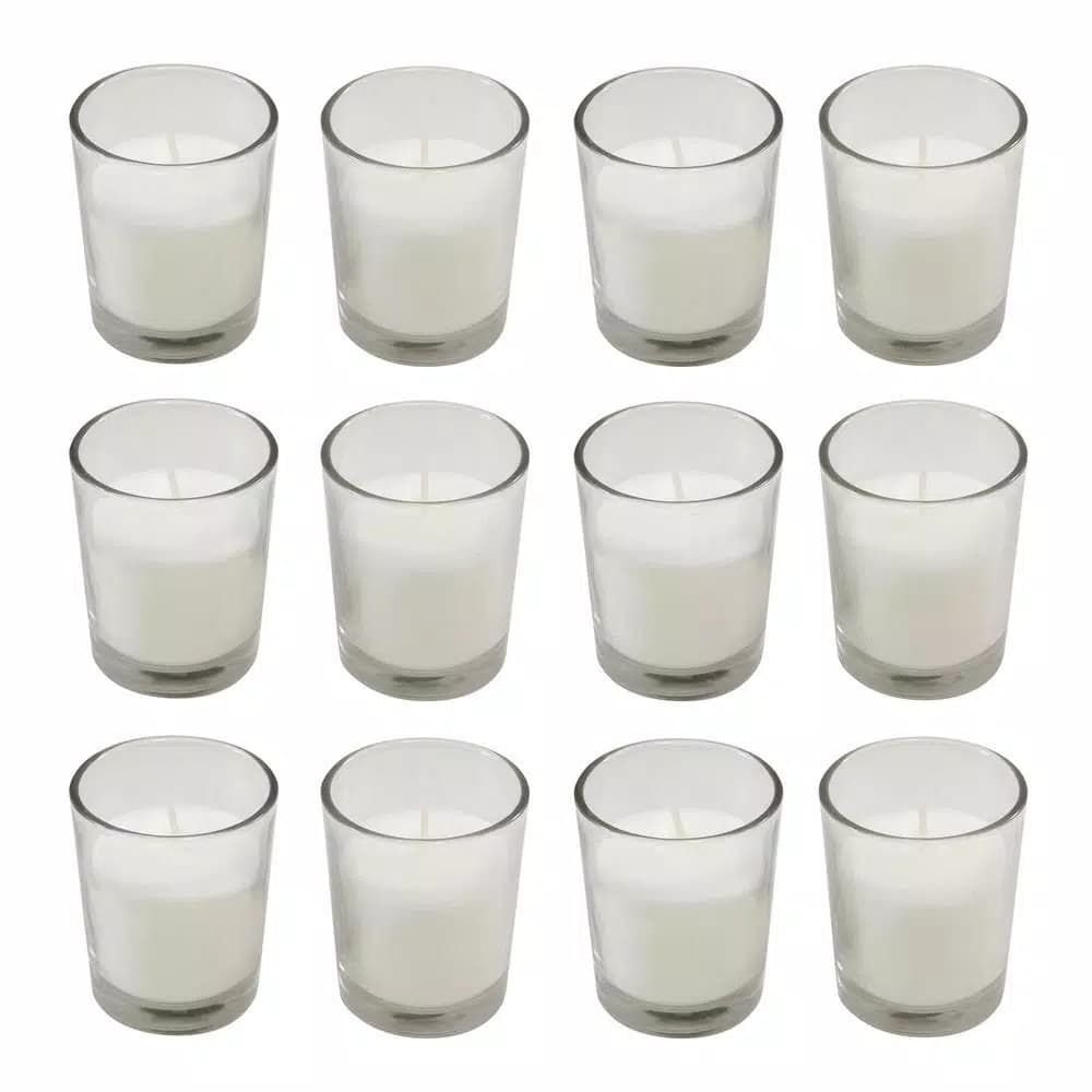 LUMABASE White Unscented Paraffin Votive Candles with Clear Glass Holders, 12-Count, 15-Hour Burn Time