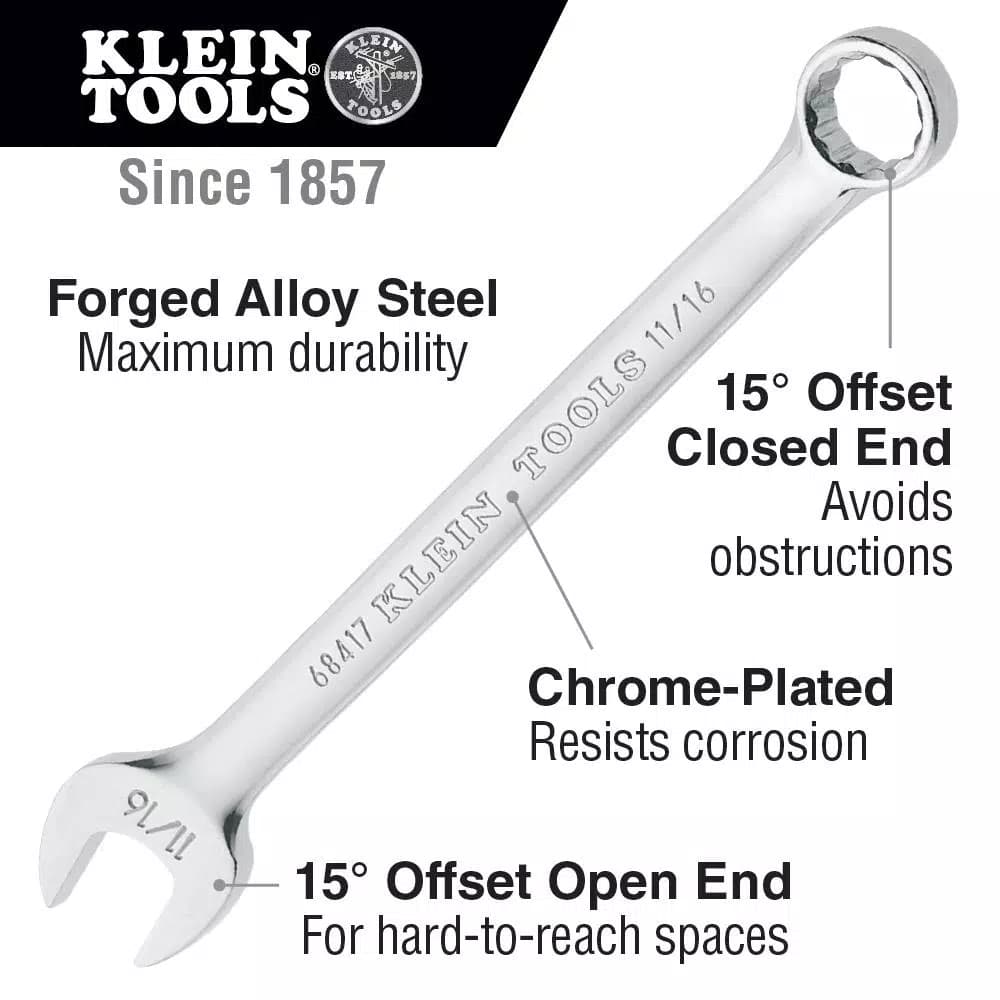 Klein Tools 7/16 in. Combination Wrench, Alloy Steel, 15° Offset