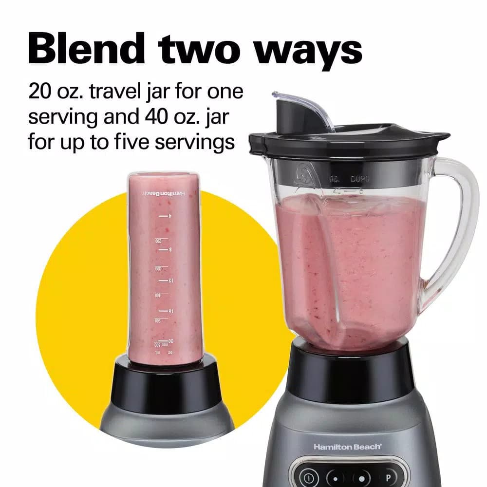 Hamilton Beach Wave Crusher 800W Blender with 40 oz. Pitcher and 20 oz. Travel Jar, Gray