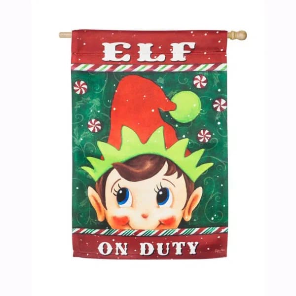 Evergreen Elf on Duty 28 in. x 44 in. Double-Sided Christmas Flag, Indoor/Outdoor