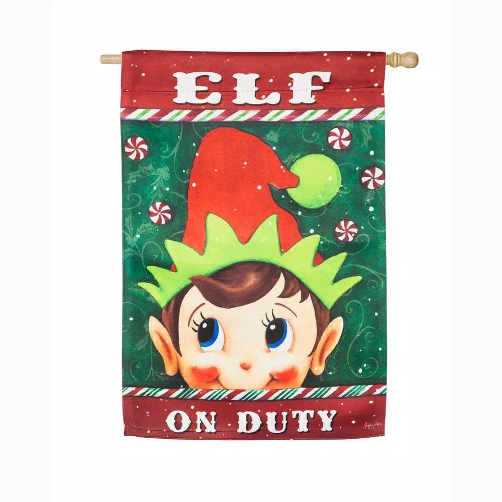Evergreen Elf on Duty 28 in. x 44 in. Double-Sided Christmas Flag, Indoor/Outdoor