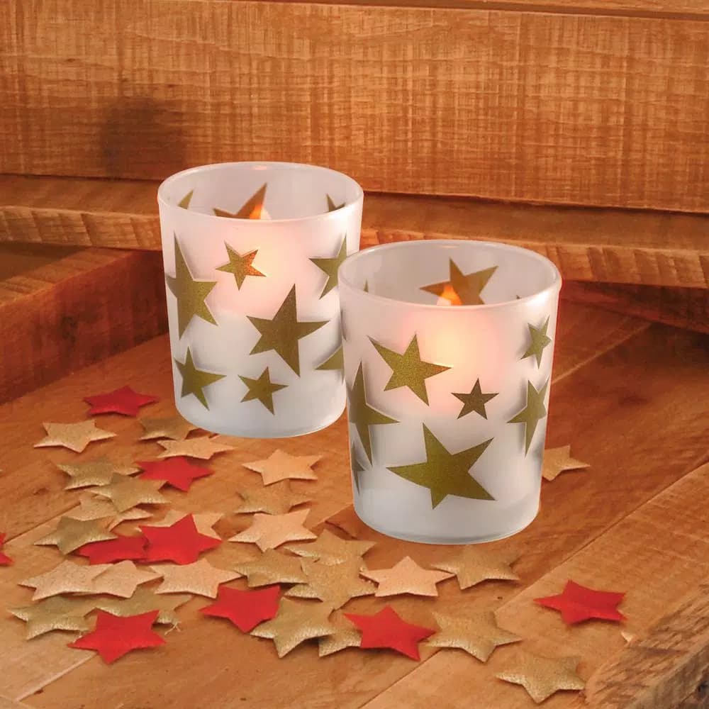 LUMABASE Gold Stars Battery Operated LED Candles with Frosted Glass, 2-Count