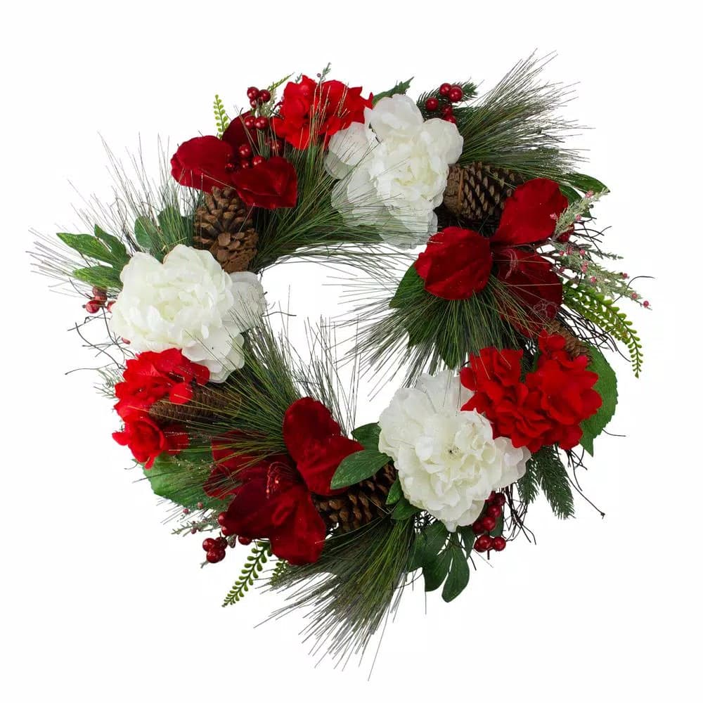 Northlight 24 in. Red and White Peony and Amaryllis Floral Christmas Wreath with Grapevine Base