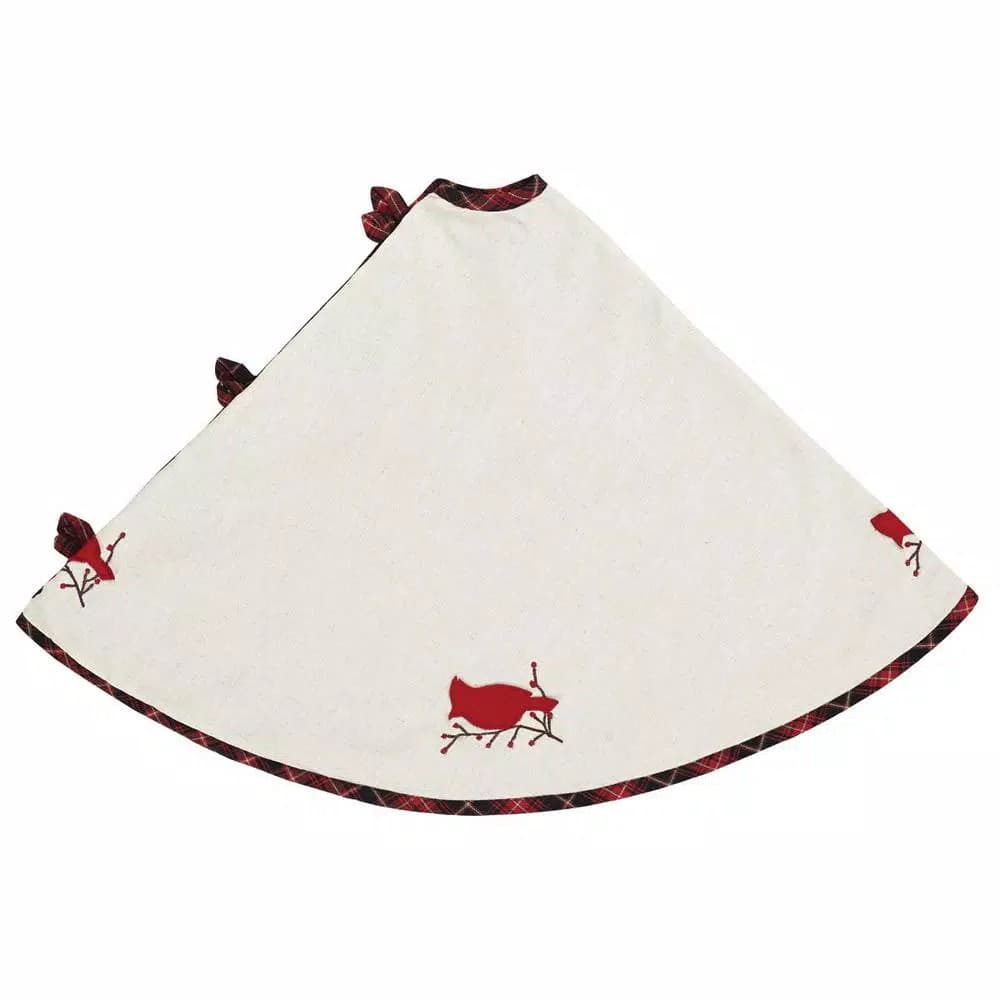 VHC Brands 48 in. Seasons Greetings Red Traditional Christmas Tree Skirt with Cardinal and Winterberry Design