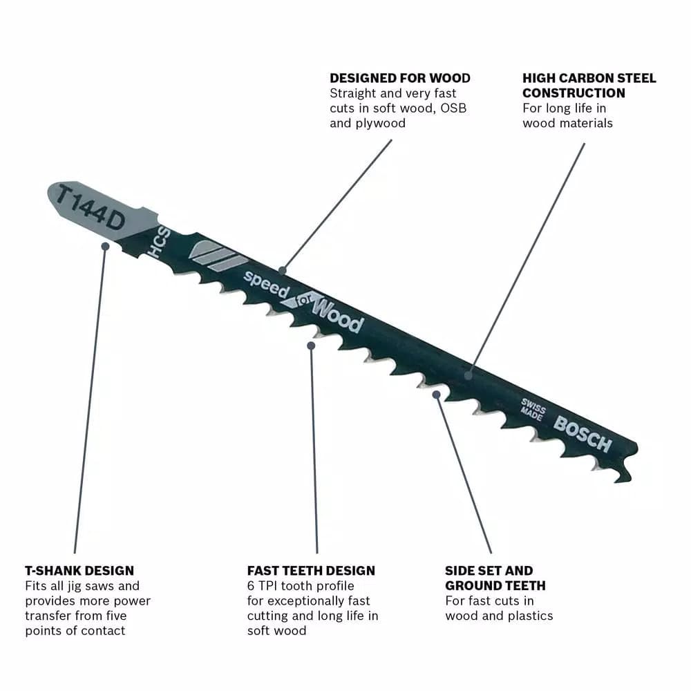 Bosch 4 in. High Carbon Steel T-Shank Jigsaw Blades for Wood, 5-Pack