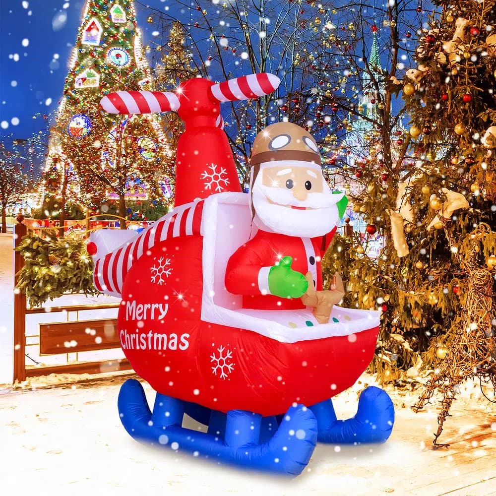 JOYDECOR 6 ft. Santa Claus on Helicopter Christmas Inflatable with Built-in LED Lights
