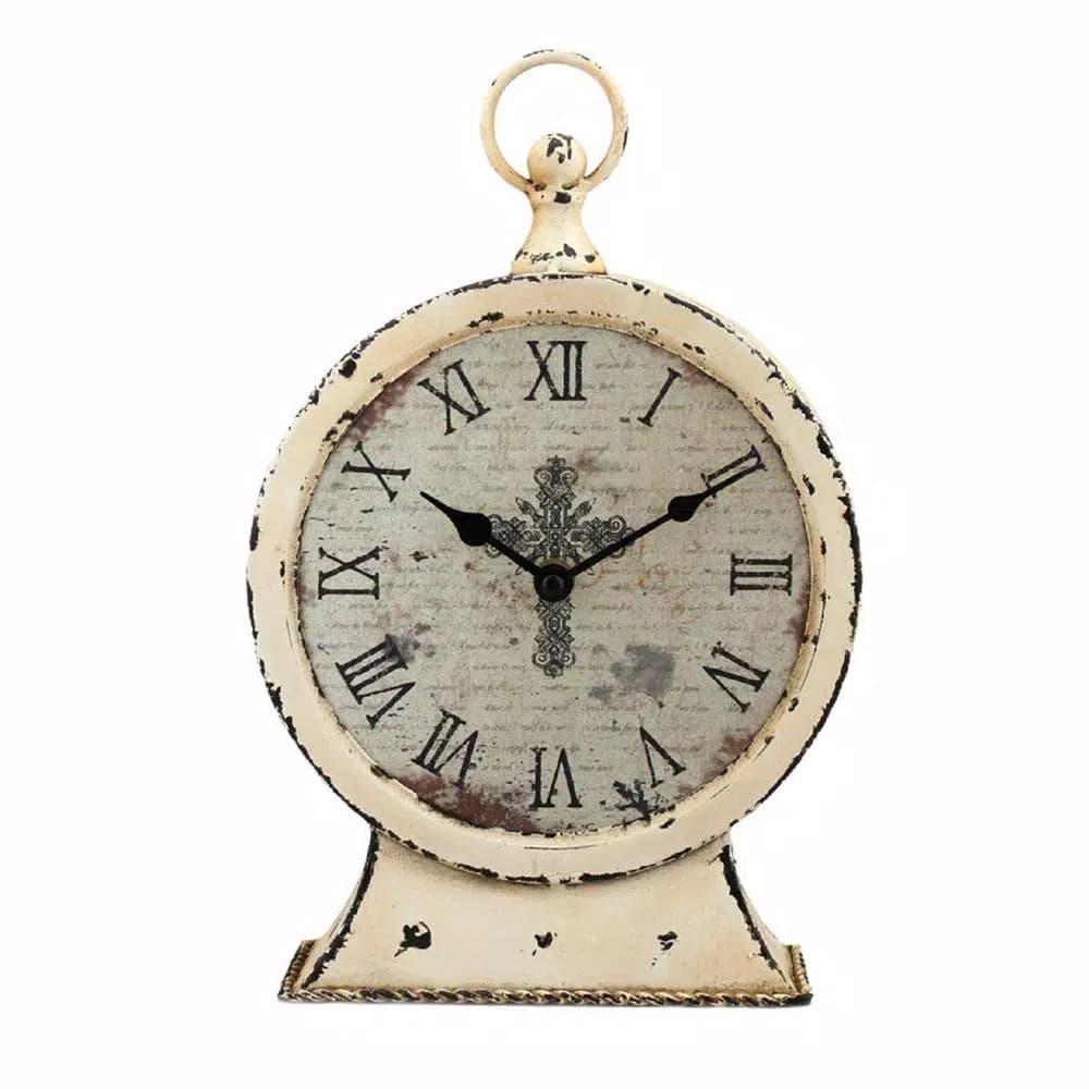 Stonebriar Collection Faith Round Tabletop Clock - 12.5 in. Rustic Ivory Metal Analog Clock with Cross